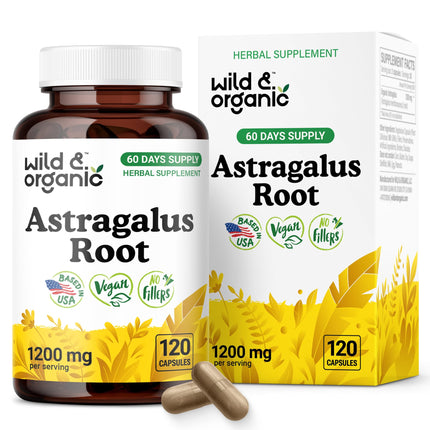 Wild & Organic Astragalus Capsules 1200 mg - Immune Support - Astragalus Root Supplement - 60 Days of Supply - Vegan, No Fillers, Non-GMO - 120 Count