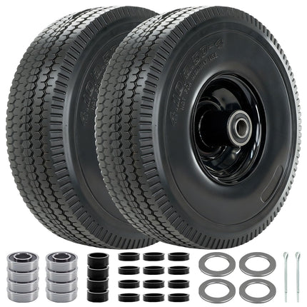 4.10/3.50-4 Tire and Wheel, 10" Solid Tires with 5/8” Bearing, Extra 3/4”&1/2” Bearings, 2.2” Offset Hub, Flat Free 4.10/3.50-4'' Wheels for Dollies, Hand Trucks, Tractors (2 Pack) (Black)