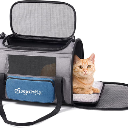 BurgeonNest Cat Carrier, Airline Approved Dog Carrier, Soft Sided Cat Pet Carrier for Small Medium Cats Dogs Under 10 lbs with Side Bag, Collapsible Travel Kitten Puppy Carriers, Blue