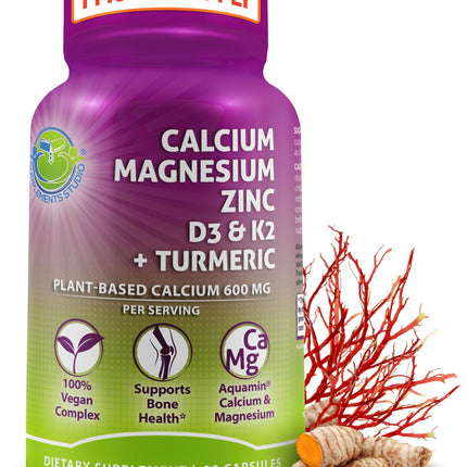 Plant-Based Calcium 600mg (Aquamin) – Vegan Calcium Magnesium Zinc D3 with Vitamin K2 & Organic Turmeric – Enhanced Bone and Muscle Health & Strength, Immune Support for Women & Men - 90 Count