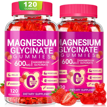 Magnesium Glycinate Gummies 600mg, Chewable Sugar Free Gummies with Magnesium Glycinate, Vitamin D, B6 and CoQ10 for Sleep, Relaxation, Brain and Muscle, 2 Pack