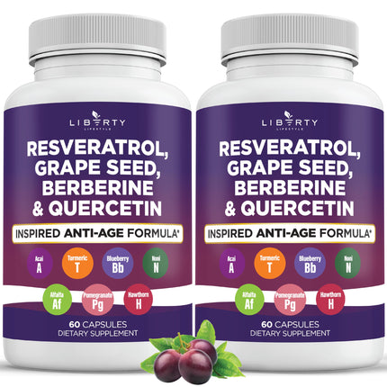 Liberty Lifestyle Resveratrol, Berberine, Grape Seed Extract, Quercetin, Polyphenol Supplement for Women and Men with Noni Extract, N-Acetyl Cysteine, Acai Extract - 2-Pack