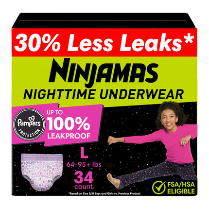 Ninjamas Girls Bedwetting Nighttime Underwear, Size L (64-95+ lbs), 34 Count, Overnight Protection, Ultra Absorbent, Hypoallergenic