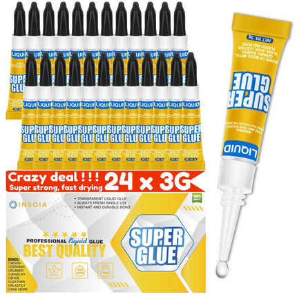 INSOIA Super Glue Liquid Clear, 24 x 3g, All Purpose Single-Use