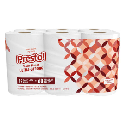 Amazon Brand - Presto! Ultra-Strong 2-Ply Toilet Paper, 12 Mega Rolls = 60 Regular Rolls, 308 Sheets Per Roll, Unscented