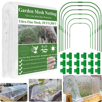 Garden Mesh Netting Kit, Plant Covers 10x30Ft Ultra Fine Mesh Netting & 6Pcs Garden Hoops &18 Clip, Garden Netting Kit for Raised Beds Plants Pest Barrier Greenhouse Row Cover Animal Protection Net