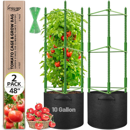 Legigo 2 Pack Tomato Cages with 10 Gallon Grow Bags- 48inch Tomato Trellis Plant Support Stakes Planter, Tomato Plant Cages Garden Trellis for Vertical Climbing Plants Vegetables Flowers Fruits