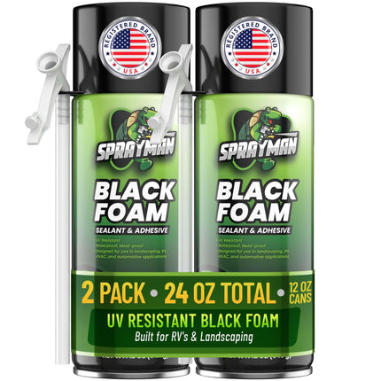 Sprayman Black Waterfall Foam Sealant - (2x12oz) Expanding Polyurethane Pond Foam Sealer, UV Resistant, Water Proof Spray for Landscape & Exterior, Straw Use, 2 Pack