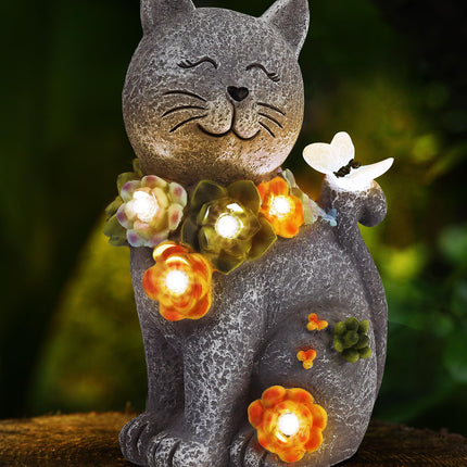 Vuees Solar Garden Statues Outdoor Decor, 6 LED Cat Flowers Butterfly Figurine Lights, Waterproof for Balcony Patio Porch Lawn Yard Ornament Art - Gift Ideas for Housewarming Gardening Grandma Women