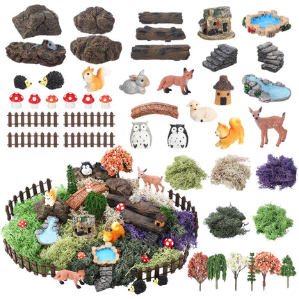Chunful 45 Pcs Adult Fairy Garden Accessories Miniature Garden Figurines Tiny Resin Animals Forest Kit Pool Bridge Fence Pond Mushroom for Potted Plant Bonsai Terrarium Decor