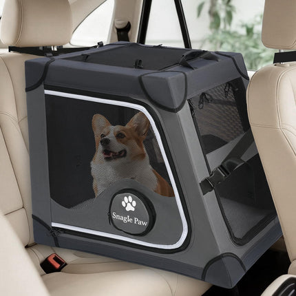 Snagle Paw Portable Dog Crate for Car Travel,Metal Frame Pet Crate,Pet Carrier for Car Back Seat Secures with Headrest Strap and Seatbelt,M Gray