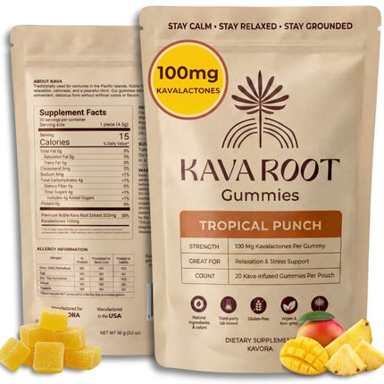 Kavora Kava Gummies 100mg Kavalactones Per Gummy – Premium Noble Kava Extract Supplement for Relaxation & Stress Support – Vegan, Non-GMO, Gluten-Free – Tropical Punch – 20 Count