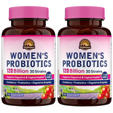 Vitalitown Probiotics for Women 120 Billion CFUs, 30 Strains, with Prebiotics & Digestive Enzymes & Cranberry, Gut & Vaginal Health, Vegan 60 (Pack of 2) Delayed Release Caps