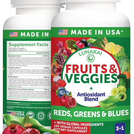 Lunakai USA Made Superfood Fruits & Veggies Supplement - All-in-One with 4 Blends & Scented Capsules, 180ct Super Veggie Capsules for Adults