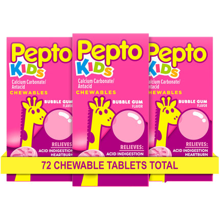 Pepto Kids Bubblegum Antacid Tablets Chewable, Upset Stomach Relief for Kids, Heartburn Relief, Acid Indigestion and Sour Stomach Relief, 72 Chewable Tablets (3x24 ct)