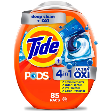 Tide 4-in-1 Ultra Oxi PODS Laundry Detergent Pacs, 85 Count, HE Compatible, Built in Pre-treater for Stains