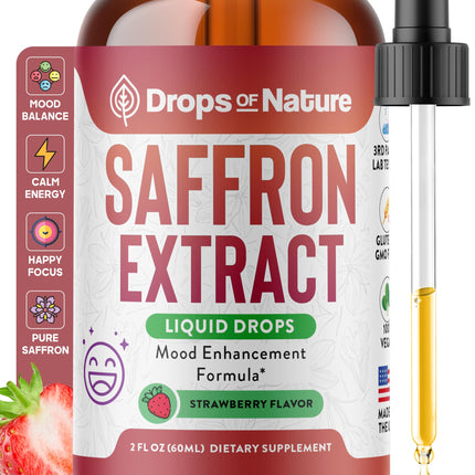 Saffron Supplements for Kids & Adults – Made with Pure Saffron Extract – Vegan, Fast Absorbing – Mix with Drinks – Supports Eye Health, Emotional Balance and Antioxidant Level Boost (Strawberry, 60mL)