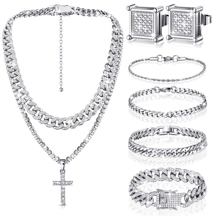 Yinkin 6 Pcs Men Jewelry Set Hip Hop Diamond Chain Bracelet Set, Silver