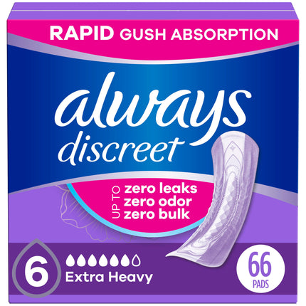 Always Discreet Adult Incontinence Pads for Women, Drier, 6 Drop Regular Length, Extra Heavy Absorbency, Pads for Bladder Control Management, Bladder Leaks, & Postpartum Pads, 66ct