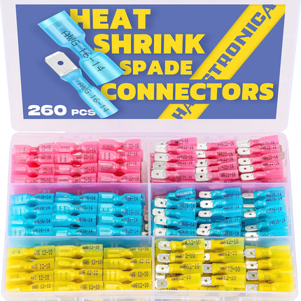 haisstronica 260PCS Heat Shrink Spade Connectors, 22-10 AWG, Male/Female
