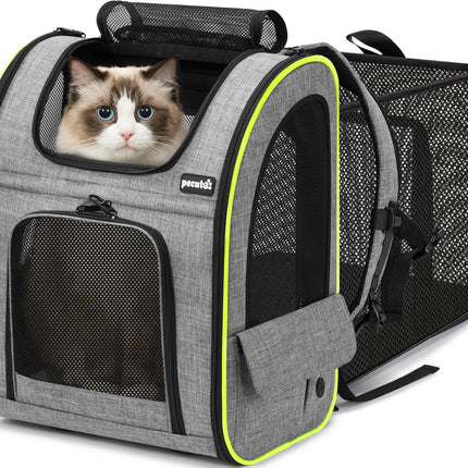Pecute Cat Backpack Carrier XL, Expandable Pet Backpack for Cats & Small Dogs Up to 15lbs, with 4-Side Breathable Mesh, Multi-Entry & Lockable Zippers for Travel, Hiking, Camping - Hands Free, Gray