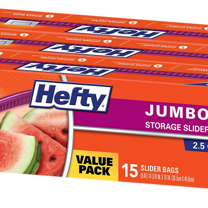 Hefty Slider Jumbo Storage Bags, 2.5 Gallon Size, 3 Boxes of 15 Bags (45 Total)