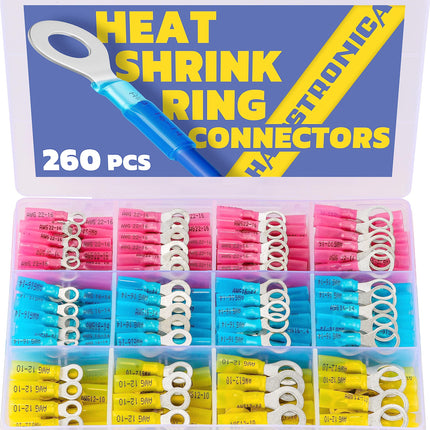 haisstronica 260PCS Heat Shrink Ring Terminals, 22-10 AWG, 3 Colors 4 Sizes