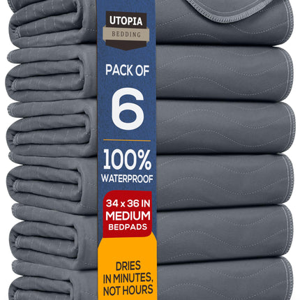 Utopia Bedding Washable Underpads 34" x 36" (Pack of 6), Waterproof Reusable Heavy Absorbency Incontinence Bed Pads for Adults, Kids, Elderly and Pets, Bedwetting Pads for Sofa and Couch (Grey)