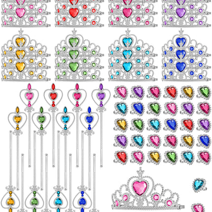 96 Pcs Princess Pretend Party Costume Dress up Play Set Includes 24 Crown Tiaras, 24 Star Wands, 48 Pcs Little Girl Jewel Rings, Princess Girls Party Favors Costume Play Set for Little Girls (Cute)