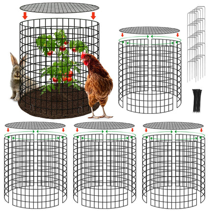 Hi Sasara 5 Sets Wire Plant Protectors Cage with Staples,11.8" Dia x 11.8" H,Plant Protector with Round Lids to Keep Animals Out,Wire Plant Protector Cage for Plants Vegetables Flower