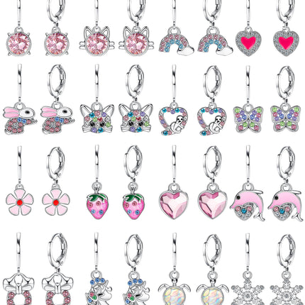 BESTEEL 16 Pairs Hypoallergenic Earrings for Girls Women Sensitive Ears Cute Surgical Steel Dangle Huggie Hoop Earings Set with Charm CZ Heart Animal Christmas Gifts Silver