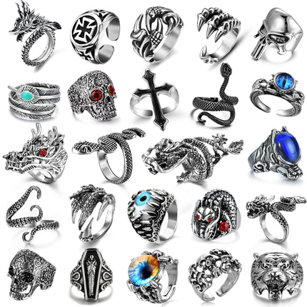 EIELO 24Pcs Vintage Punk Rings Set for Men Cool Gothic Chunky Rings Statement Snake Claw Skull Dragon Eyes of Hell Open Boho Ring Set
