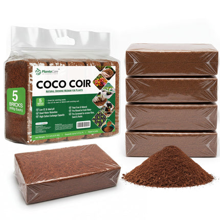 Premium Coco Coir by PlantoCare – Professional Grade Coconut Coir Growing Medium, pH Neutral & Low EC – Ideal for Seed Starters, Potting Mix, Hydroponics & Houseplants [5 Bricks of 650 Grams Each]