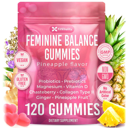 FitVitality Premium 120 Feminine Balance Gummies – Probiotics, Collagen Type II, Chasteberry, Vitamin D & Magnesium – Gluten-Free, Pineapple Flavor, Vegan