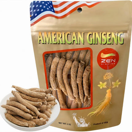 Zen Ginseng - 4 oz Bag of American Wisconsin Ginseng Root - Non-GMO, Gluten Free. Add This Ginseng in Soup, Tea, Coffee, juices, Smoothies and Baking (Small Long Root 4 oz Bag)