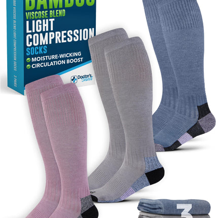 Doctor's Select® Bamboo Viscose Light Compression Socks for Women & Men - 3 Pairs, Knee High Comfort and Support, 8-15 mmHg Compression Socks Women, Gray, Blue, Rose