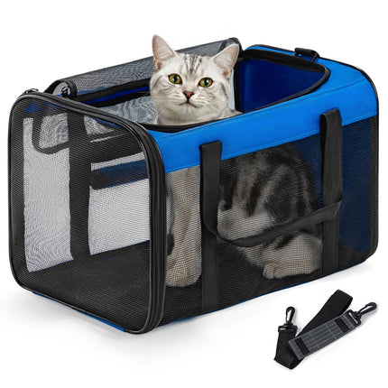 Conlun Cat Carrier Bag,Soft-Sided Pet Carriers for Dogs with 4-Sided Mesh,Airline Approved Cat Transport Carrier for Small&Medium Cats Kitten Puppy Up to 15LB,Collapsible Cat Travel Carrier-M,Blue