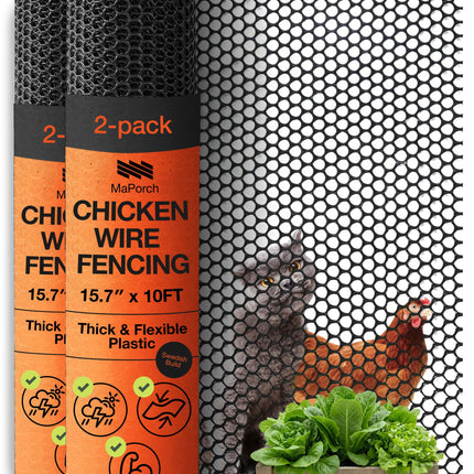 Maporch Plastic Chicken Wire Fencing for Pet Protection - 15.7" x 10ft, Black HDPE Mesh - Garden Fence Animal Barrier for Dogs, Cats and Rabbits (2-Pack)
