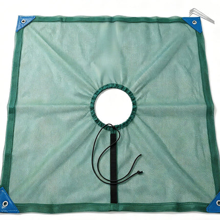 16.5×16.5FT HDPE Square Olive Harvest Net with Center Drawstring Opening,Heavy Duty Reusable Collection Net with Hoop and Loop Side & 4 Ground Stakes for Yard and Orchard