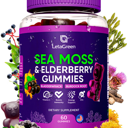 LetaGreen Irish Sea Moss Gummies – Bladderwrack Burdock Root Elderberry Vitamin C & Zinc – 60 Vegan Seamoss Gummy Bears for Adults Kids Men Women – Multimineral Elderberry Vitamins