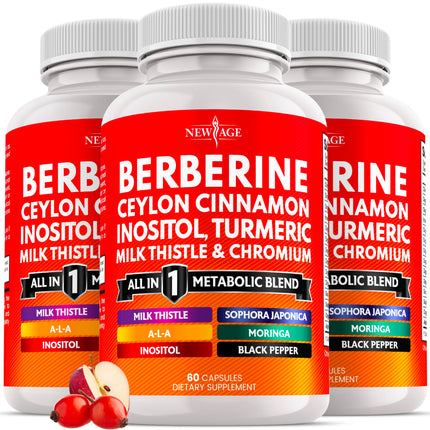 Berberine and Ceylon Cinnamon Supplement - Bitter Melon, Glucomannan, Gymnema Sylvestre, Chromium, Moringa, Milk Thistle, Turmeric, Inositol Pills - 180 Count