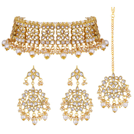 Aheli Indian Faux Kundan Studded Choker Necklace with Maang Tikka Earrings Ethnic Wedding Festive Fashion Bharatanatyam jewellery set Gift for Women