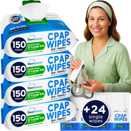 Dura Cleanse CPAP Mask Cleaning Wipes - 4 Pack, 4x150 Count + 24 Travel Sheets - Extra Large and Moist Cleaning Wipes for Full Face, Nasal Masks, CPAP Machines & Supplies - Skin Safe with Aloe Vera