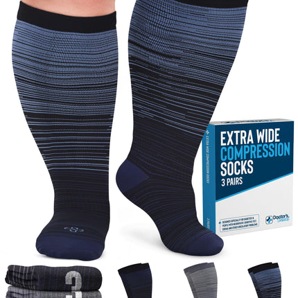 Doctor's Select® 3 Pairs Plus Size Compression Socks Wide Calf - Up to 6XL | 20-30 mmHg Compression Socks for Women Wide Calf | Line Patterns 2