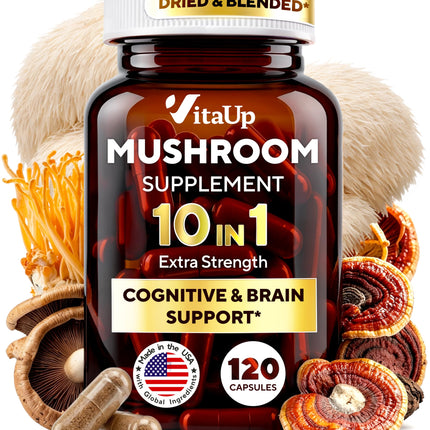VitaUp Mushroom Supplement - USA Made Mushroom Complex - Mushroom Capsules with Lions Mane, Cordyceps, Turkey Tail, Reishi, Shiitake for Cognitive & Immune Support - 120 Count
