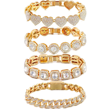 shopbyskyler 4PCS Gold Bracelets for Women Silver Clustered Tennis Bracelet for Women Heart Round Diamond Cuban Bracelet Layered Link Bracelet Set Fashion Jewelry for Women Set (Gold, 7inch)