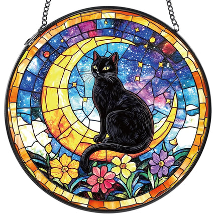 Black Cat Stained Glass Window Hanging, Cat Gifts for Women Moon and Stars Suncatcher with Metal Chain and Hooks, Sun Catcher Glass Art for Indoor Window Decor