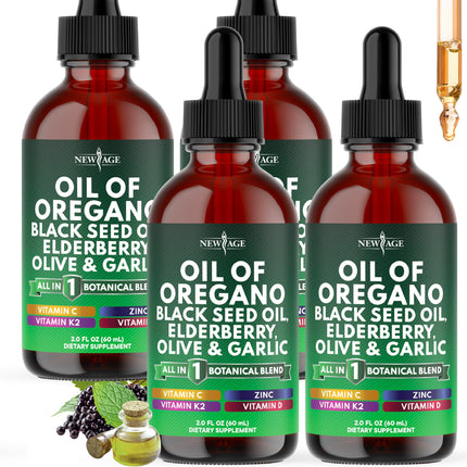 NEW AGE Oil of Oregano Drops - Black Seed Oil, Elderberry, Vitamin D, D3, K2, Olive, Garlic - Immune Support Supplement Wellness Formula, Zinc Supplements Liquid - 8Fl Oz