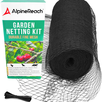 AlpineReach Garden Netting 7.5 x 65 ft Heavy Duty Bird Net, Deer, Plant Protection Extra Strong Woven Mesh, Reusable Kit with Zip Ties, Animal Fencing for Fruits Trees, Black