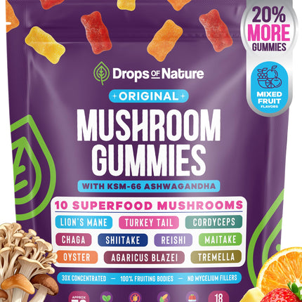 Drops Of Nature Mushroom Gummies 10-in-1 with KSM-66 Ashwagandha – Lions Mane Turkey Tail Cordyceps Shiitake Tremella Oyster Agaricus – Vegan Functional Superfood Gummies (Mixed Fruits, 70 Gummies)